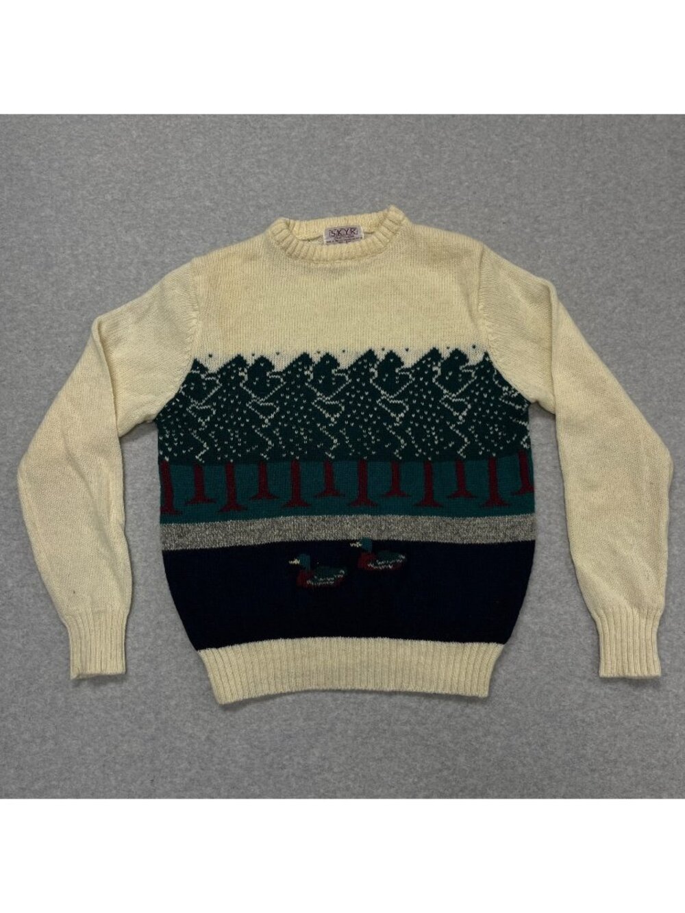 Vintage SKYR Shetland Wool Sweater Mens Size 38/S Trees Ducks Hong Kong Pullover
